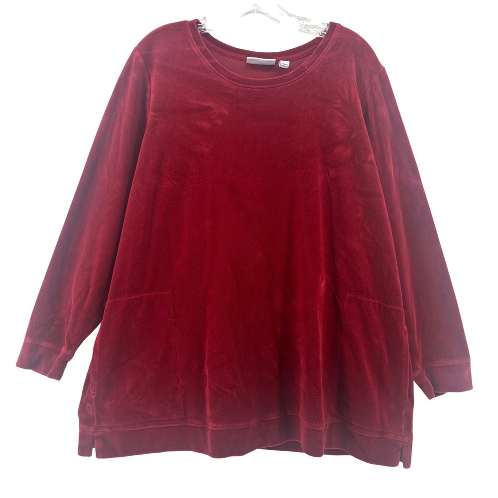 Denim & Co Velour Lounge Womens XL Burgundy Red Long Sleeve Pocket Sweatshirt
